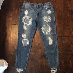 High waisted distressed jeans
